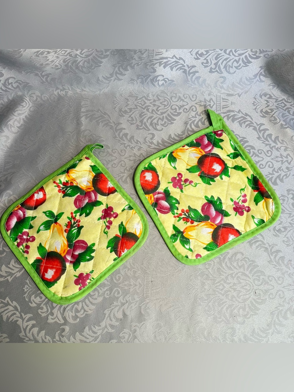 Vtg MCM Potholders Classic Farmhouse Fruit Pattern Kitchen Hot Pads 70s